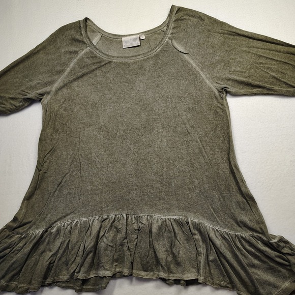 Anthropology Dantelle Olive Green Ruffle Hem Tunic Top 3/4 Sleeve Women's Size L - Picture 2 of 10